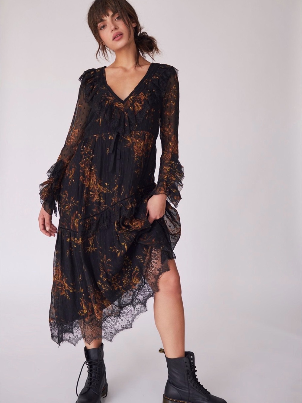 Free People Black & Brown Floral Lace-Trim Midi Dress